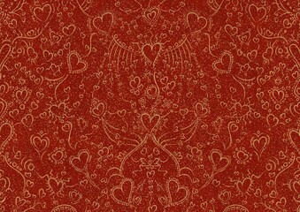Hand-drawn unique abstract symmetrical seamless gold ornament with splatters of golden glitter on a bright red background. Hearts and ribbons. Paper texture. Digital artwork, A4. (pattern: pv02a)