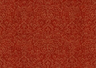 Hand-drawn unique abstract symmetrical seamless gold ornament with splatters of golden glitter on a bright red background. Hearts and ribbons. Paper texture. Digital artwork, A4. (pattern: pv02b)