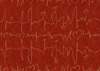 Hand-drawn symmetrical seamless gold ornament with splatters of golden glitter on a bright red background. Hearts and ribbons in cardiogram style. Paper texture. Digital artwork, A4. (pattern: pv03a)