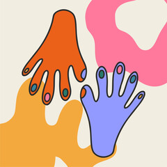Acid bright hands in a psychedelic style. Design and print for T-shirts, bags, posters, invitations, postcards, etc. Vector hand drawn illustration.