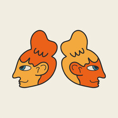 Acid-bright poster, two female heads. Design and print for t-shirts, bags, posters, invitations, cards, etc. Vector hand drawn illustration.