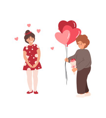 Child in love, First love, couple on 14 February, Valentines day. Cartoon flat vector Collection of People in love in different age