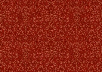 Hand-drawn unique abstract symmetrical seamless gold ornament on a bright red background. Hearts and ribbons. Paper texture. Digital artwork, A4. (pattern: pv02b)