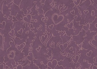 Hand-drawn abstract seamless ornament. Hearts and ribbons. Pale pink on a purple background. Paper texture. Digital artwork, A4. (pattern: pv01a)