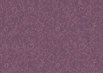 Hand-drawn abstract seamless ornament. Hearts and ribbons. Pale pink on a purple background. Paper texture. Digital artwork, A4. (pattern: pv01b)