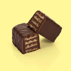 Falling waffle chocolate bars isolated on Yellow background