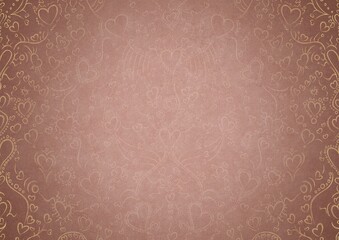 Hand-drawn ornament. Hearts and ribbons. Light semi transparent pale pink on a pale pink background, with vignette of same pattern in golden glitter on a darker background color. A4. (pattern: pv02a)