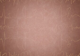 Hearts and ribbons in cardiogram style. Light semi transparent pale pink on a pale pink background, with vignette of same pattern in golden glitter on a darker background color. A4. (pv03a)