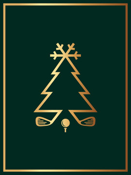Golf Christmas Greeting Card - Simple line art - Luxury Gold line on Green Background