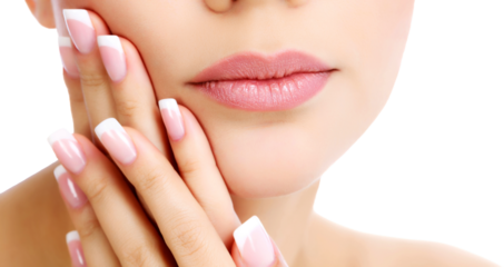 Part of female face and hands, white background, copyspace