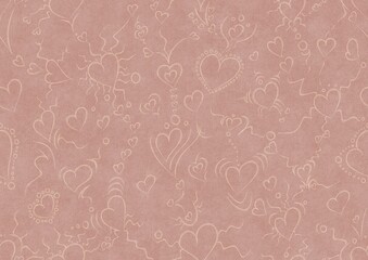 Hand-drawn abstract seamless ornament. Light semi transparent pale pink on a pale pink background. Hearts and ribbons. Paper texture. Digital artwork, A4. (pattern: pv01a)