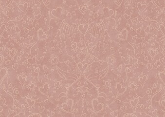 Hand-drawn abstract seamless ornament. Light semi transparent pale pink on a pale pink background. Hearts and ribbons. Paper texture. Digital artwork, A4. (pattern: pv02a)