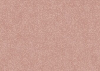 Fototapeta na wymiar Hand-drawn abstract seamless ornament. Light semi transparent pale pink on a pale pink background. Hearts and ribbons. Paper texture. Digital artwork, A4. (pattern: pv02b)
