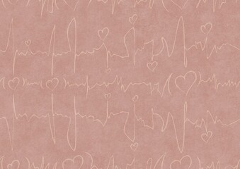Hand-drawn abstract seamless ornament. Light semi transparent pale pink on a pale pink background. Hearts and ribbons in cardiogram style. Paper texture. Digital artwork, A4. (pattern: pv03a)