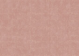 Hand-drawn abstract seamless ornament. Light semi transparent pale pink on a pale pink background. Hearts and ribbons in cardiogram style. Paper texture. Digital artwork, A4. (pattern: pv03b)