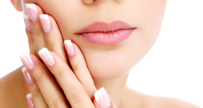 Part of female face and hands, white background, copyspace