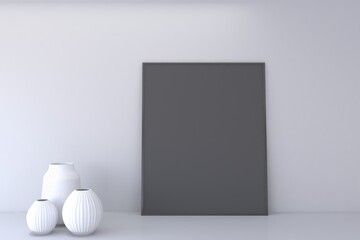 Black empty frame mockup with decor vases on grey wall rendering