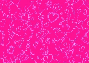 Hand-drawn abstract seamless ornament. Hearts and ribbons. Neon pink (plastic pink) background and glowing pattern on it. Cloth texture. Digital artwork, A4. (pattern: pv01a)