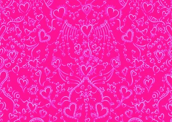 Hand-drawn abstract seamless ornament. Hearts and ribbons. Neon pink (plastic pink) background and glowing pattern on it. Cloth texture. Digital artwork, A4. (pattern: pv02a)