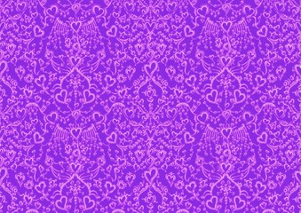 Hand-drawn abstract seamless ornament. Hearts and ribbons. Neon purple (proton purple) background and glowing pink pattern on it. Cloth texture. Digital artwork, A4. (pattern: pv02b)