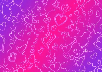 Hand-drawn abstract seamless ornament. Hearts and ribbons. Neon gradient (plastic pink to proton purple) background and glowing pattern on it. Cloth texture. Digital artwork, A4. (pattern: pv01a)