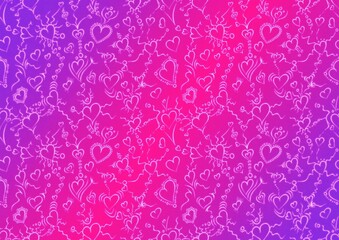 Hand-drawn abstract seamless ornament. Hearts and ribbons. Neon gradient (plastic pink to proton purple) background and glowing pattern on it. Cloth texture. Digital artwork, A4. (pattern: pv01b)