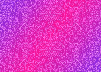 Hand-drawn abstract seamless ornament. Hearts and ribbons. Neon gradient (plastic pink to proton purple) background and glowing pattern on it. Cloth texture. Digital artwork, A4. (pattern: pv02b)
