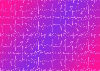 Hand-drawn abstract seamless ornament. Neon gradient (plastic pink to proton purple) background and glowing pattern on it. Cloth texture. Digital artwork, A4. (pattern: pv03b)