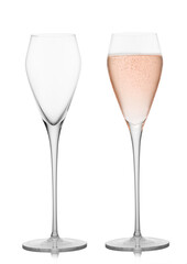 Prosecco wine and pink rose champagne empty and full glasses on white background.