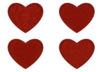 Set of 4 heart shaped valentine's cards. 2 with pattern, 2 with copy space. Deep red background and bright red pattern on it. Cloth texture. Hearts size about 8x7 inch / 21x18 cm (pv02ab)