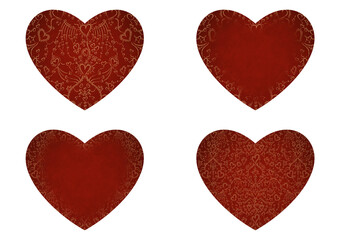 Set of 4 heart shaped valentine's cards. 2 with pattern, 2 with copy space. Deep red background and gold glittery pattern on it. Cloth texture. Hearts size about 8x7 inch / 21x18 cm (pv02ab)