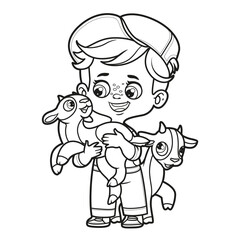 Cute cartoon boy holds a little goat in arms outlined for coloring page on white background