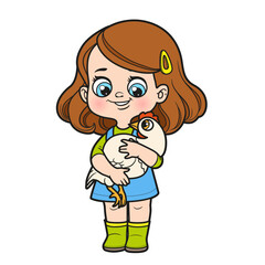 Cute cartoon girl holding a hen in hands color variation for coloring page on white background