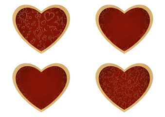 Set of 4 heart shaped valentine's cards. 2 with pattern, 2 with copy space. Deep red background and gold glittery pattern on it. Cloth texture. Hearts size about 8x7 inch / 21x18 cm (pv01ab)