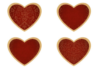 Set of 4 heart shaped valentine's cards. 2 with pattern, 2 with copy space. Deep red background and gold glittery pattern on it. Cloth texture. Hearts size about 8x7 inch / 21x18 cm (pv02ab)