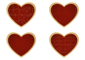Set of 4 heart shaped valentine's cards. 2 with pattern, 2 with copy space. Deep red background and gold glittery pattern on it. Cloth texture. Hearts size about 8x7 inch / 21x18 cm (pv03ab)