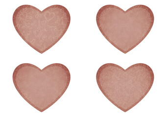 Set of 4 heart shaped valentine's cards. 2 with pattern, 2 with copy space. Pale pink background and light beige pattern on it. Cloth texture. Hearts size about 8x7 inch / 21x18 cm (pv01ab)