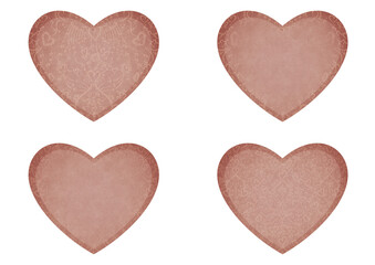 Set of 4 heart shaped valentine's cards. 2 with pattern, 2 with copy space. Pale pink background and light beige pattern on it. Cloth texture. Hearts size about 8x7 inch / 21x18 cm (pv02ab)