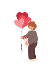 Little child holds heart balloons and Flowers in hands. Boy in love on February 14 with presents. Valentines people collection. Cartoon flat vector illustration isolated on white 
