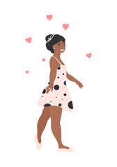 Young adult black Woman fallen in love. Love at first sight. Cartoon flat vector  illustration with hearts and stylish modern character on love and relationship theme. People on Valentines day set