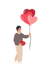Woman holds heart balloons and Flowers in hands. Young adult Woman gay in love on February 14 with presents. Valentines people collection. Cartoon flat vector illustration isolated on white 