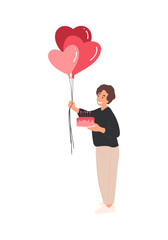 Man holds heart balloons and cake in hands. Young adult man in love on February 14 with presents. Valentines people collection. Cartoon flat vector illustration isolated on white background