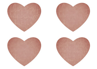 Set of 4 heart shaped valentine's cards. 2 with pattern, 2 with copy space. Pale pink background and light beige pattern on it. Cloth texture. Hearts size about 8x7 inch / 21x18 cm (pv03ab)