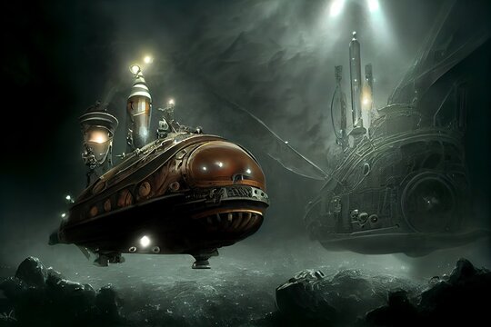 Futuristic steampunk sci-fi submarine exploring deep sea underwater