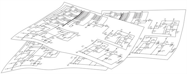 Electrical schematic diagram of a digital
electronic device. Vector drawing on a sheet of white paper.