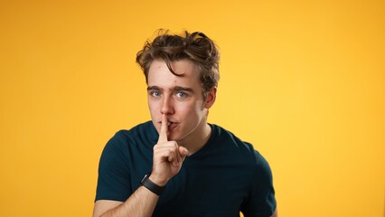 Portrait of caucasian hipster man 20s looks around put hand to mouth shh, quiet, tells secret isolated on yellow background studio portrait