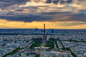 Aerial view of Eiffel Tower at sunset in Paris. France