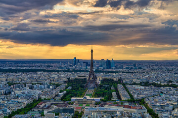 Fototapeta na wymiar Aerial view of Eiffel Tower at sunset in Paris. France