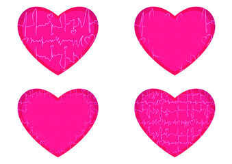 Fototapeta na wymiar Set of 4 heart shaped valentine's cards. 2 with pattern, 2 with copy space. Neon plastic pink background and glowing pattern on it. Cloth texture. Hearts size about 8x7 inch / 21x18 cm (pv03ab)