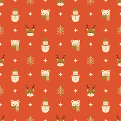 Red Christmas seamless pattern decorative deer, snowman, polar bear, Christmas tree, star. Cute kids winter holiday repeat background, wallpaper, print, fabric, surface. New Yer vector illustration.